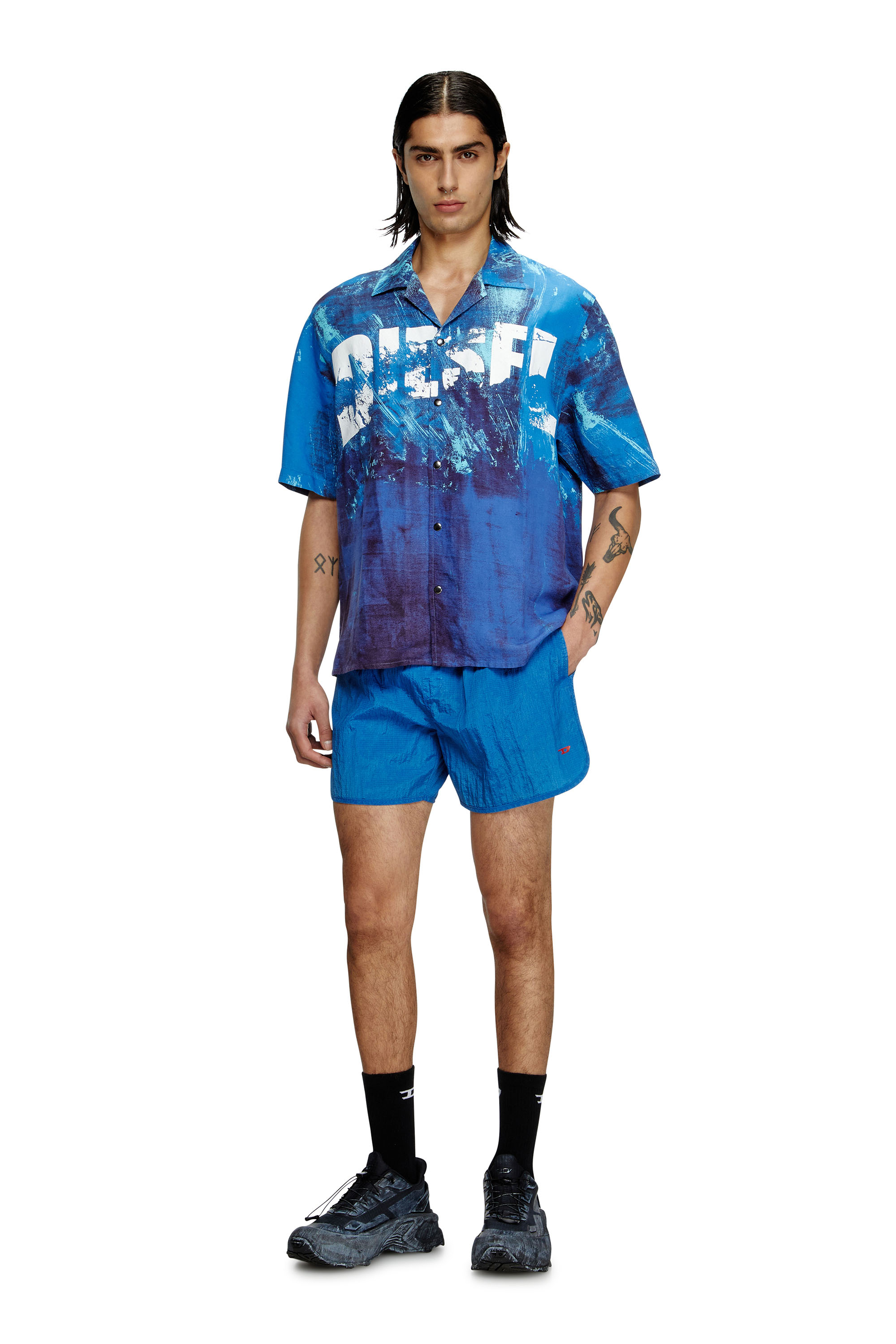 Diesel - CHARLES-D-POP, Man's Printed beach shirt in linen blend in Blue - 1